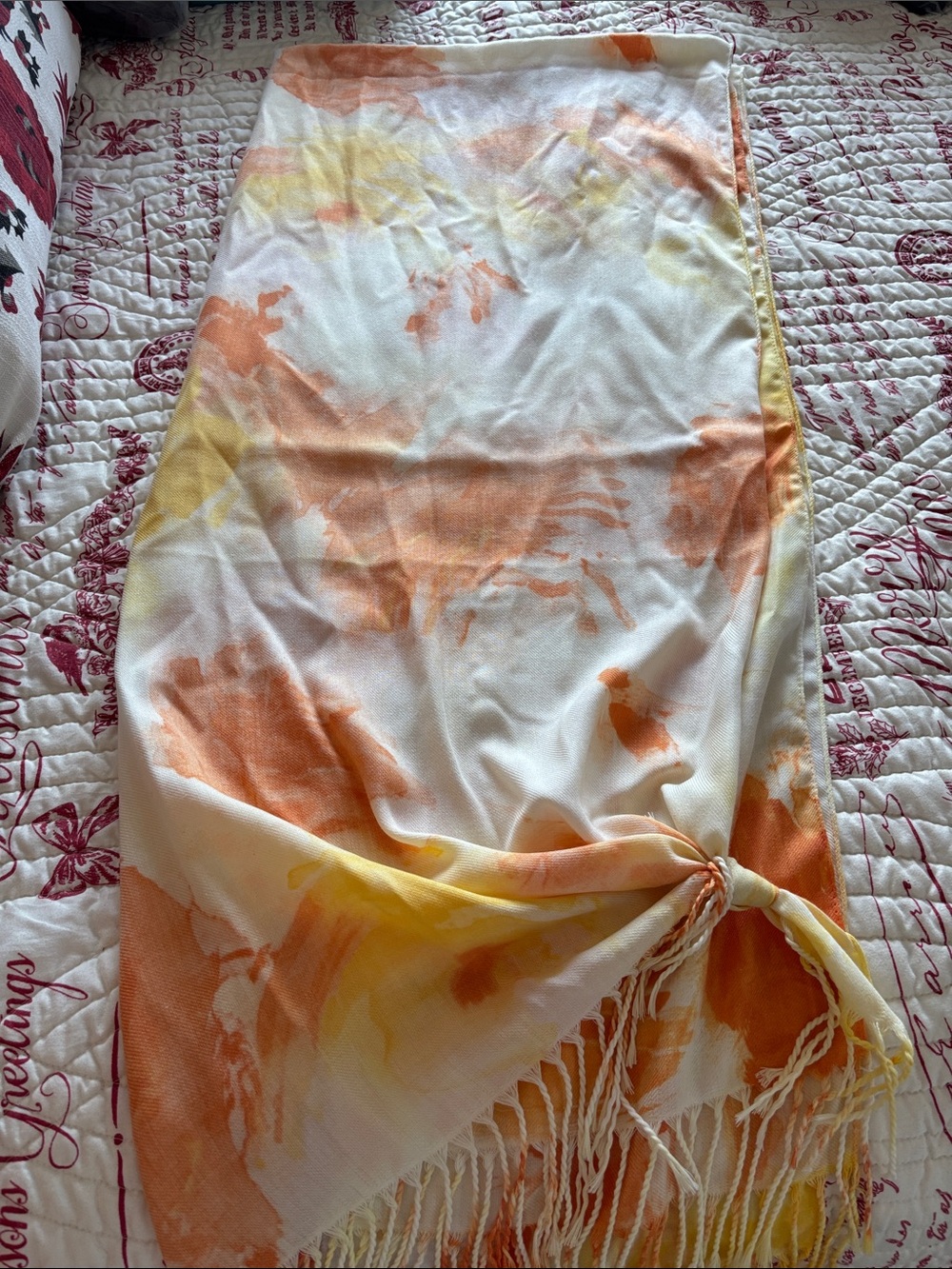 Lightweight Orange & Yellow Muted Colors (Tie-Dye-like) Fringe Scarf or Wrap